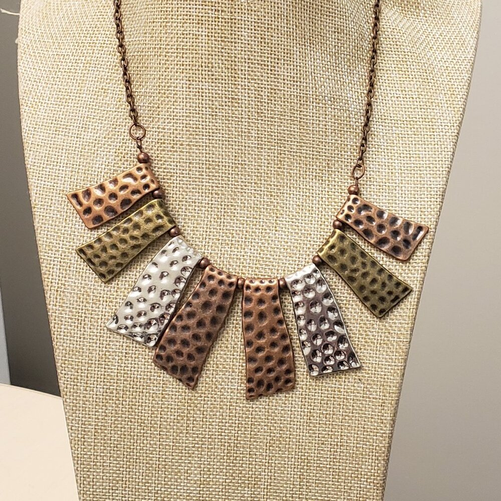 Tri-Color Metal Hammered rectangle dangle statement necklace